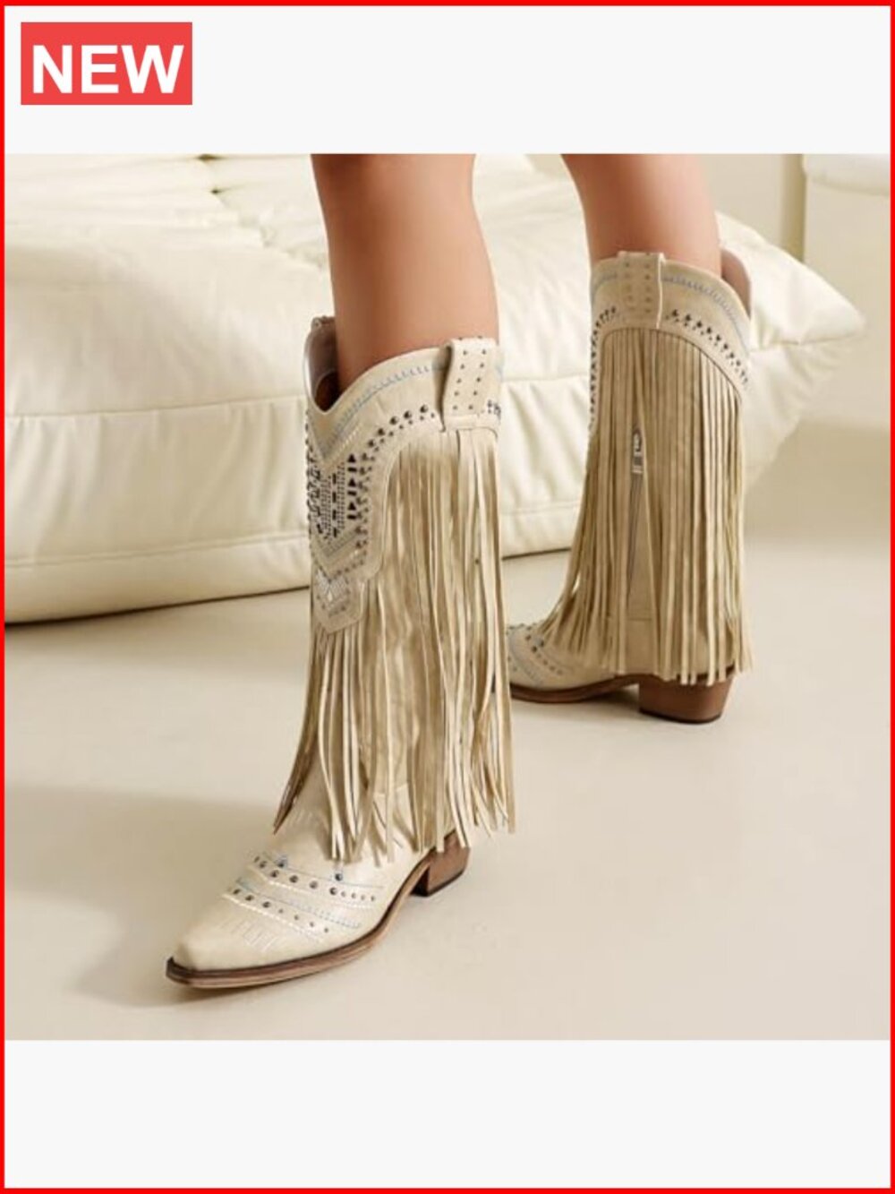 Wide Calf Embroidered Fringe Cowgirl Boots Knee High Snip Toe Pull On - Picture 3 of 7